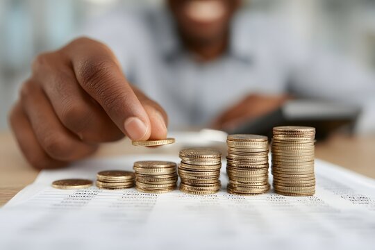 Dividend shown by a cheerful investor arranging shiny coins near a neat dividend statement wide shot