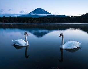 Two swans on a serene lake at dawn, reflecting a mountain