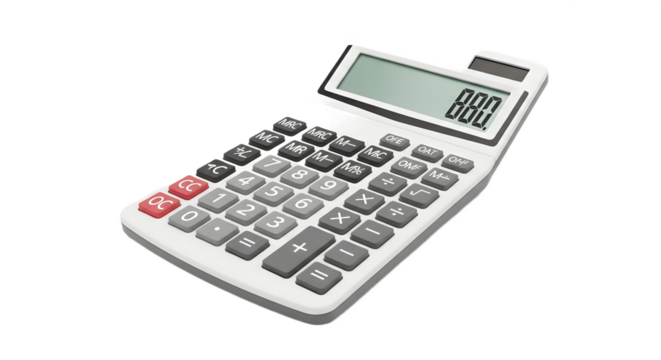 A white calculator with gray buttons displaying eight hundred eighty