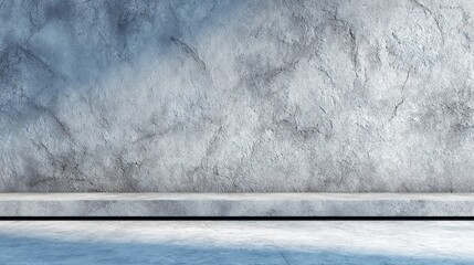 A textured stone wall with uneven surface in white, gray, and subtle blue hues, featuring a flat concrete ledge below,