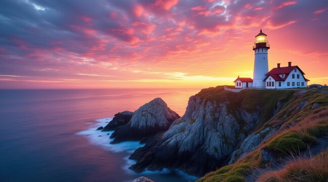 Majestic lighthouse on a cliff overlooking the ocean at sunset
