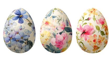 Three Easter eggs decorated with floral watercolors in a row, cut out transparent