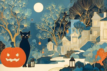 Halloween illustration with a witch pumpkins and haunted house like a spooky storybook scene