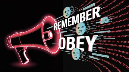 Remember and Obey: A stark illustration evoking themes of control and compliance, featuring a stylized megaphone broadcasting directives and surveillance symbols, reflecting societal control.