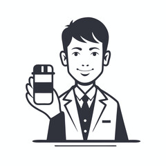 Cartoon Man in Suit Holding Pill Bottle on White Background