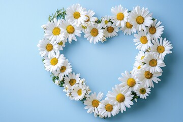 Fototapeta premium Heart-shaped wreath made of daisies and white flowers on light blue background in flat lay composition, romantic floral decoration for love and celebration themes