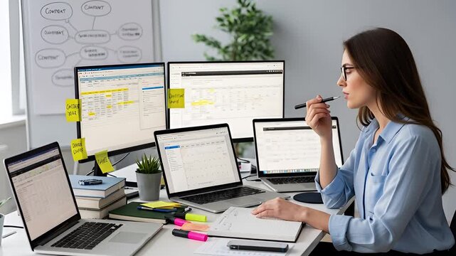 Woman Thinking at Her Desk with Computers and Sticky Notes in Office