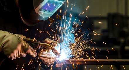 A welder in protective gear using a welding torch, creating sparks and working on metal.
