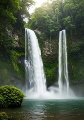 Fototapeta premium Majestic Twin Waterfalls Cascading Through Lush Green Rainforest.