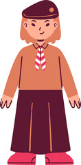 Cartoon illustration of a girl in a uniform with a beret and neckerchief, standing with a slight smile.