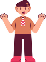 A cheerful young boy, dressed in scout attire with a beret and neckerchief, stands with arms raised in a welcoming gesture.