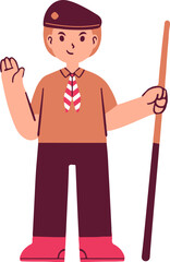 A cartoon illustration of a young scout in uniform, waving and holding a staff.