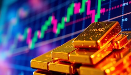 Close-up of shimmering digital gold bars overlaid on a dynamic stock market chart,  trading,  technology