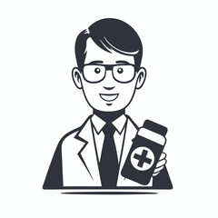 Cartoon Doctor Man with Glasses Holding Pill Bottle on White Background