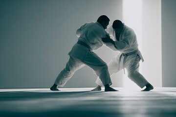 Judo athletes in crisp white gis executing a dynamic throw on a spacious bright mat