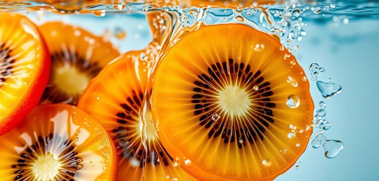 Close-up of vibrant kiwi slices splashing in water, fresh and juicy, still life, vibrant