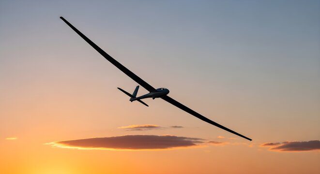 Glider flies at dusk, silhouetted against a colorful sky, ideal for travel blogs, aviation articles, or inspirational posters.