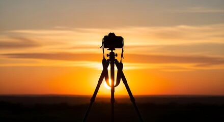 Golden sunset shines behind camera equipment. Background for photography or video, nature themed travel or tourism.