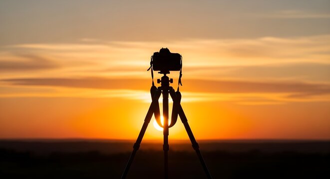 Golden sunset shines behind camera equipment. Background for photography or video, nature themed travel or tourism.