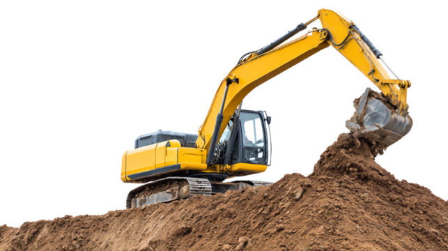 Heavy yellow excavator digging dirt on a construction site, isolated on white background.