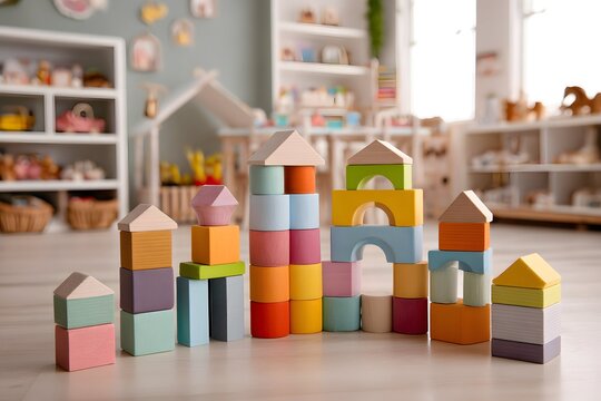 Stacking colorful wooden blocks sparks joyful creativity in a bright playful room.