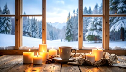 Cozy Winter Scene: Warm Drink and Candles by Snowy Window at Dusk