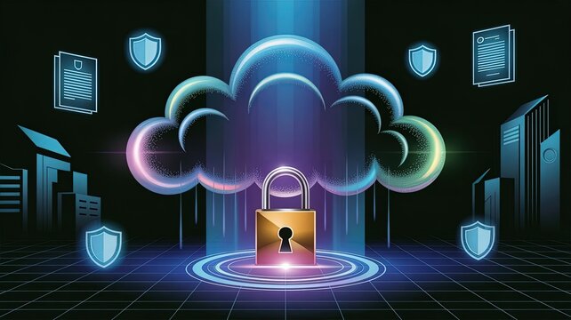 Digital Fortress: Digital cloud security illustration featuring a glowing padlock, secure servers, shields, and a cloud, symbolizing data protection in the digital world. 