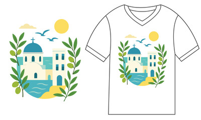 An easter greeting card illustration featuring an eco-friendly house with a tree and colorful eggs in the yard