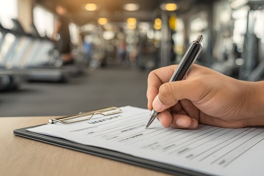 Person signing a waiver form on clipboard with gym equipment in wide shot. - Powered by Adobe