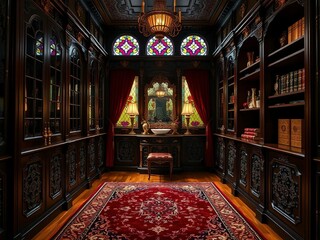 Victorian era walk in dressing room with dark mahogany wood paneling ornate brass hardware stained glass windows and velvet drapes