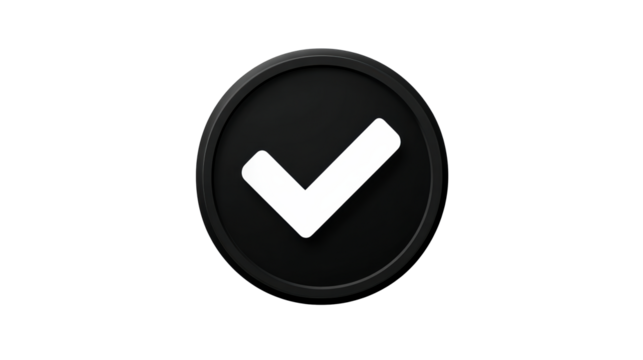 Matte Black Circle Icon with White Check Mark Symbol, cut out transparent