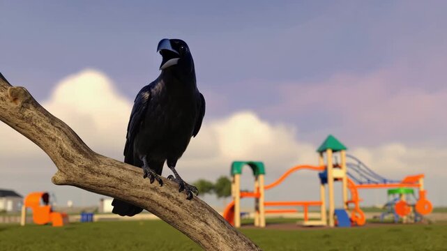 raven on a branch of tree at evening