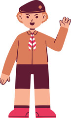 A cheerful cartoon boy scout in a brown uniform with a beret, smiling and waving a friendly greeting.