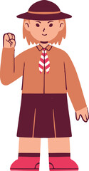 A young girl in a scout uniform raises her fist, showing determination and strength.