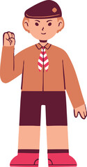 A determined young boy in a scout-like uniform with a beret and tie, raising his fist.