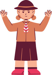 Smiling girl scout in uniform with arms outstretched, cartoon style illustration.