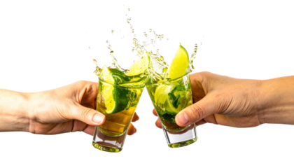 Glasses shot of tequila making toast with splash isolated on solid white background Png form