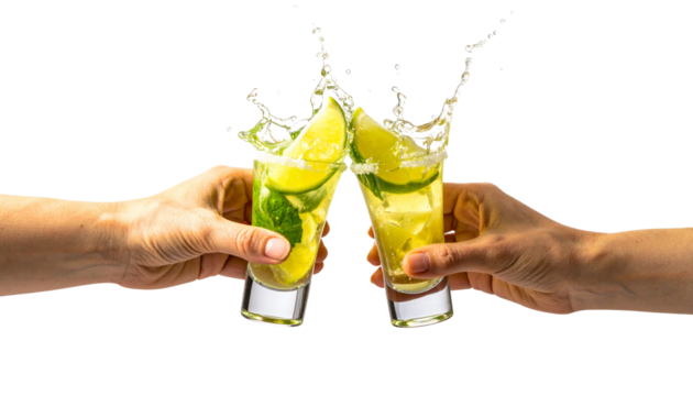 Glasses shot of tequila making toast with splash isolated on solid white background - Powered by Adobe