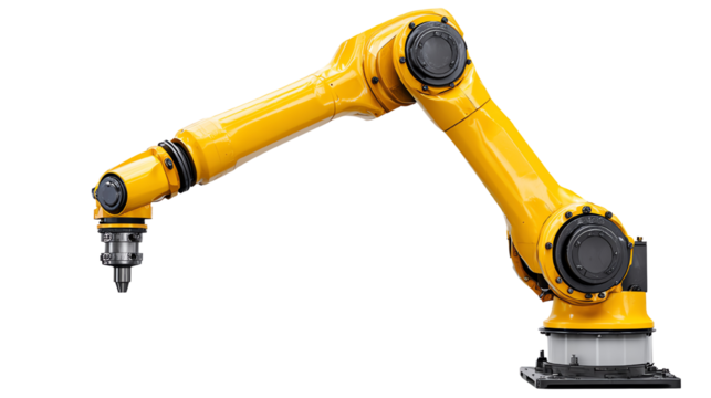 Industrial robotic arm in bright yellow, designed for various manufacturing tasks.