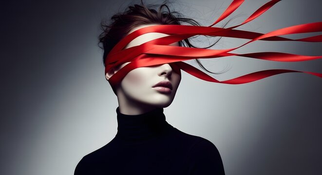 A mysterious woman in a black turtleneck with her eyes covered by a flowing red ribbon. - Powered by Adobe