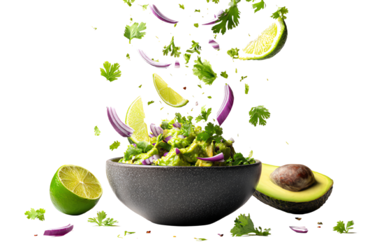 Vibrant salad with fresh ingredients like avocado, lime, and cilantro, all on a dark bowl, isolated on a white background.