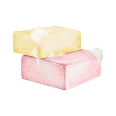 Watercolor clipart of handmade soap bars with foam, hand drawn isolated design for spa branding, bath products, packaging, journaling, wellness, self-care routines and natural cosmetics projects