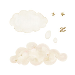 Watercolor fluffy clouds with stars and sleep symbols, isolated clipart. Perfect for journaling, planners, baby shower, dreamy and bedtime designs, children’s projects, posters and self-care themes