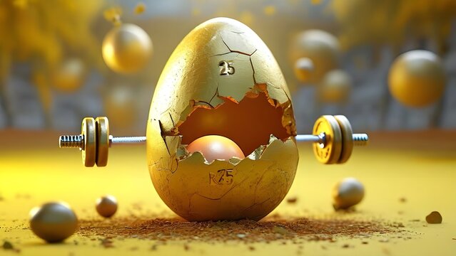 A 3D rendering shows a 25 kg weight plate emerging from a golden egg against a yellow backdrop. It's all about games and sports, outdoor fun, and sporting equipment.
