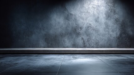 An indoor scene with dark rectangular tiles and a central structure highlighted by dramatic lighting,