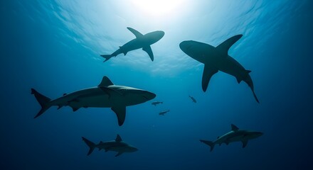 Obraz premium Blue shark silhouettes swim in open water, catching light from the surface for marine life documentaries.