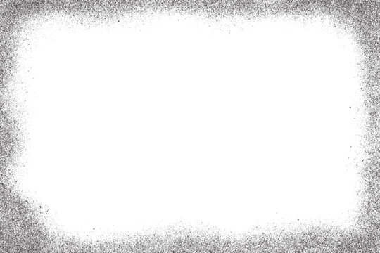 Noisy gradient dotted background. Grainy stipple pattern with halftone effect. Grunge vector rectangle frame with spray dust. Gritty vintage graphic. Abstract sand border.