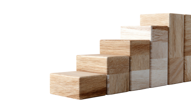 Wooden blocks forming a rising staircase, symbolizing growth and progress in a professional environment.