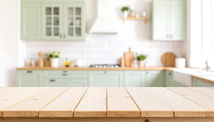 Fototapeta premium Light Wooden Tabletop in Blurred Bright Green Kitchen; Calm, Clean, and Modern Design.