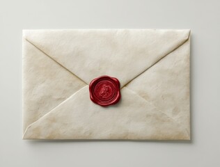 Aged parchment envelope sealed with red wax seal featuring classic coat of arms. Vintage style for letters, invitations, documents and branding. Realistic textured illustration.